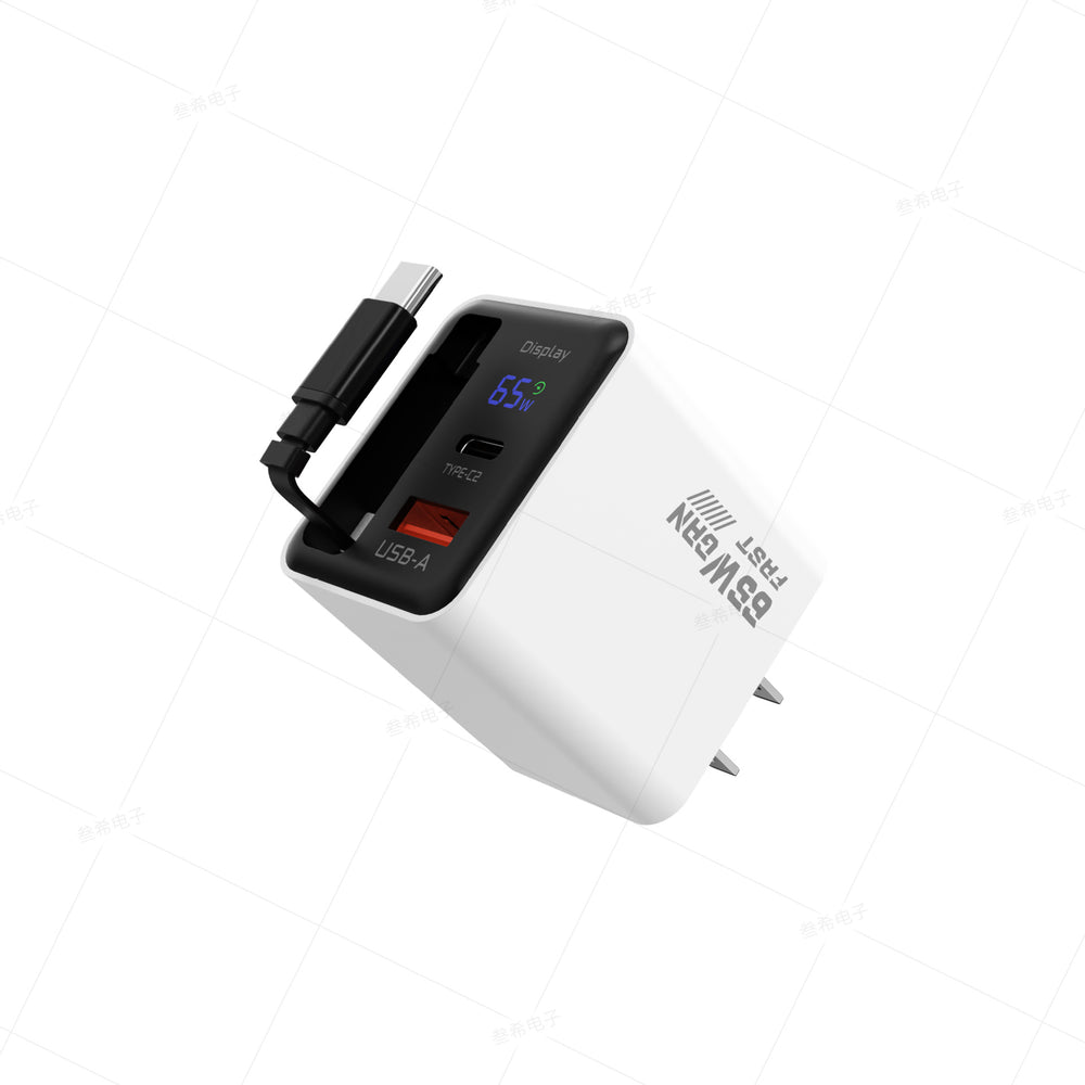 65w retractable gan digital display charger - fast charging adapter for apple, android phones, and tablets (multi-port)