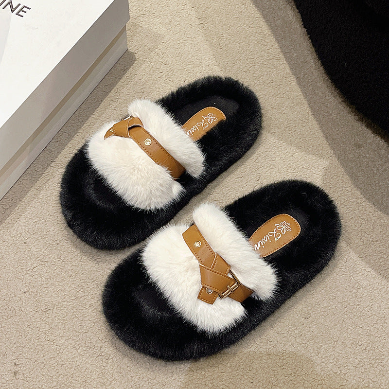 Fuzzy slippers women's premium outdoor wear 2024 new autumn/winter cotton slippers indoor home one-strap slides fluffy