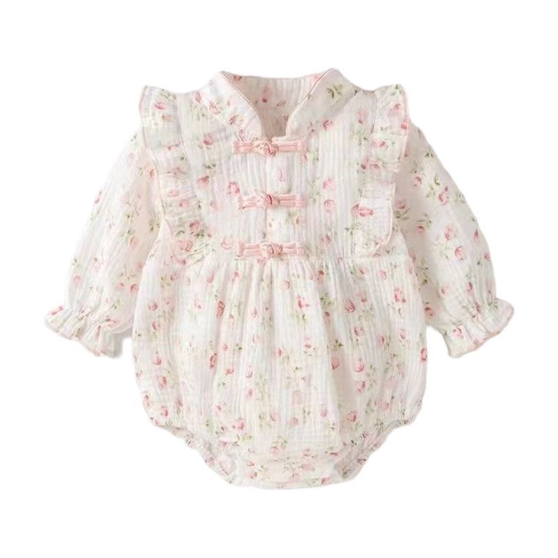 Baby spring & fall long-sleeve princess romper - floral print bodysuit for baby girls - korean style spring jumpsuit - trendy one-piece