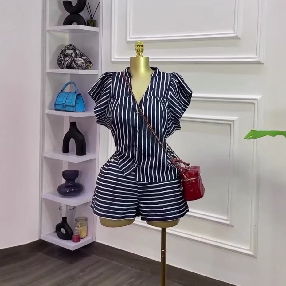 European and american cross-border women's fashion:  summer new arrival - chic v-neck striped short-sleeve shirt and high-waisted shorts set