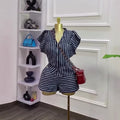European and american cross-border women's fashion:  summer new arrival - chic v-neck striped short-sleeve shirt and high-waisted shorts set