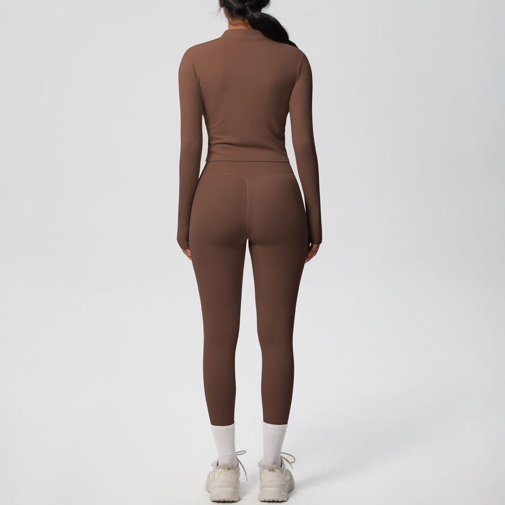 Ready-to-ship cross-border solid color double-sided brushed naked feel outerwear long sleeve set - compression running, fitness, and yoga two-piece outfit
