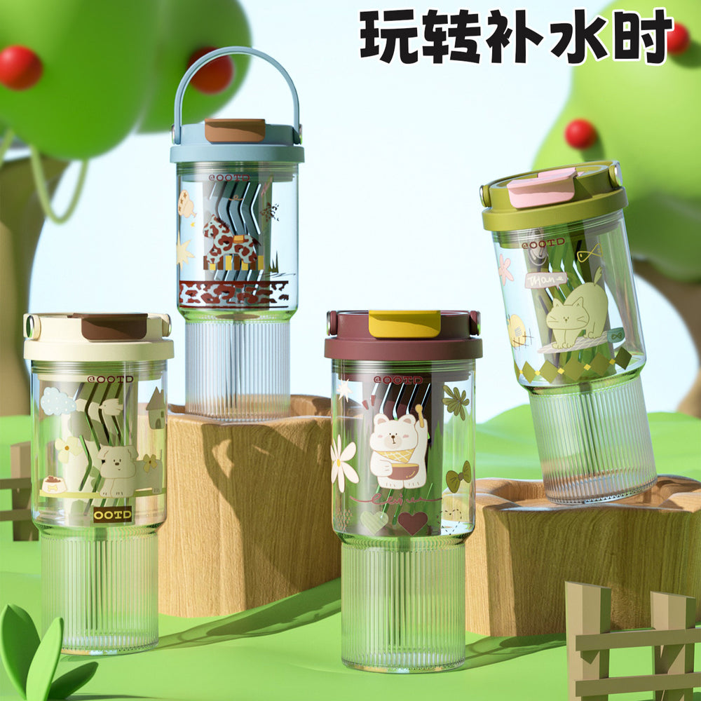Large capacity outdoor portable cartoon handle double drink plastic cup multi-color leak-proof water bottle kids travel tumbler