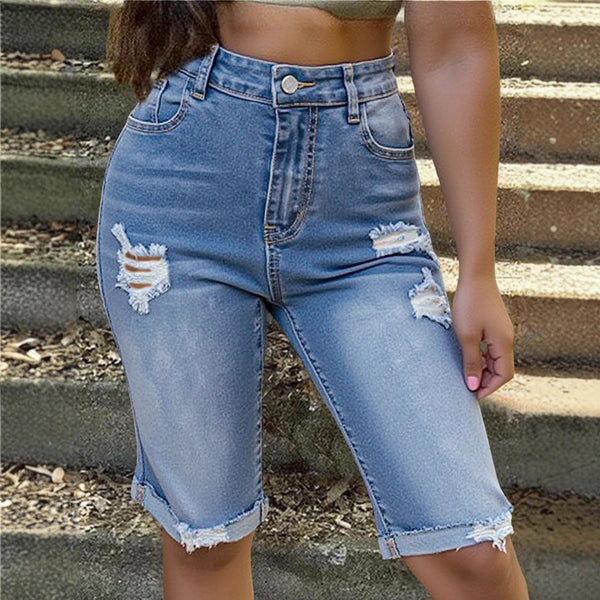 shows long legs, European and American fashion ripped models, Khmer thin washed denim women's summer pants