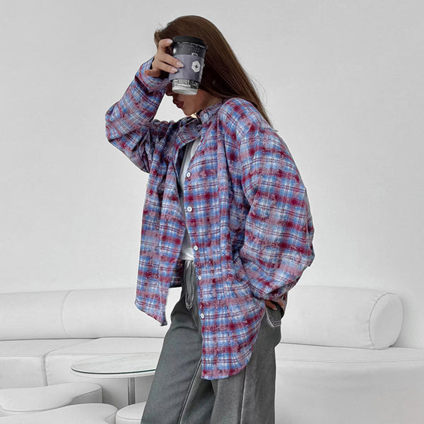 American old college style plaid shirt women's 2024 spring cotton contrasting casual shirt oversiez women's clothing