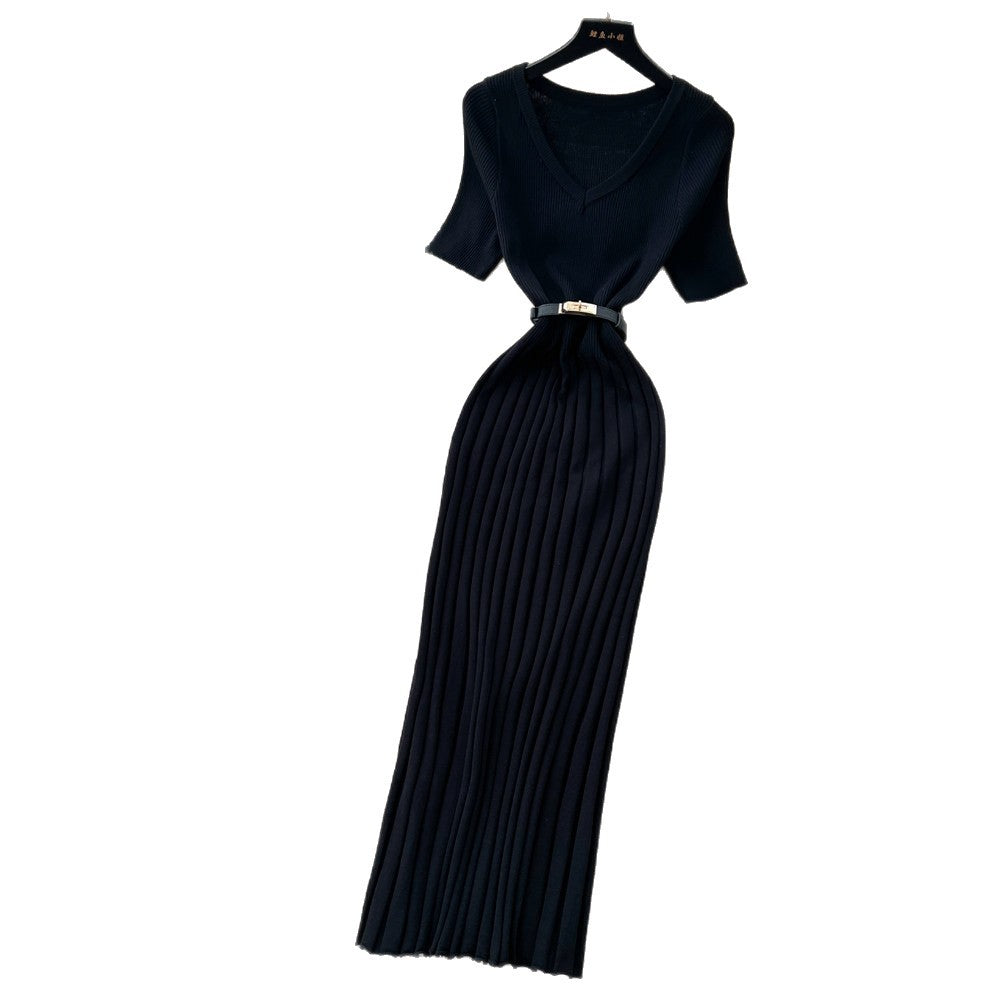 Korean style v-neck knitted dress - women's  summer slim fit bodycon maxi dress - commute-friendly, elegant, and chic