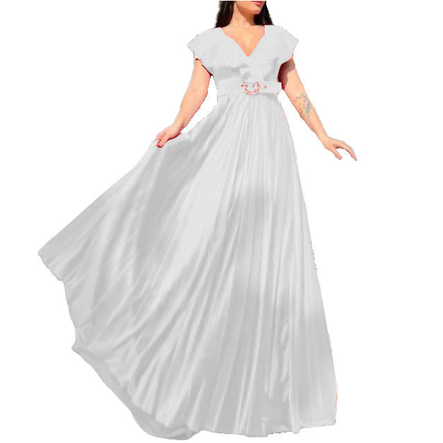 D3159p belted plus size women's v-neck solid color pleated ruffle hem maxi dress - european & american style - wholesale dress