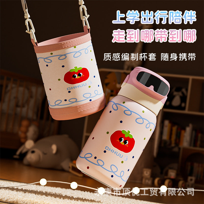 High-style stainless steel fingerprint-insulated tumbler, dopamine-boosting large capacity, with carrying strap and straw, portable sports water bottle for kids