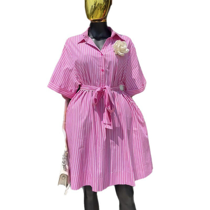 European and american cross-border women's fashion:  spring new arrival - stylish lapel tie-neck pink striped short-sleeve shirt dress