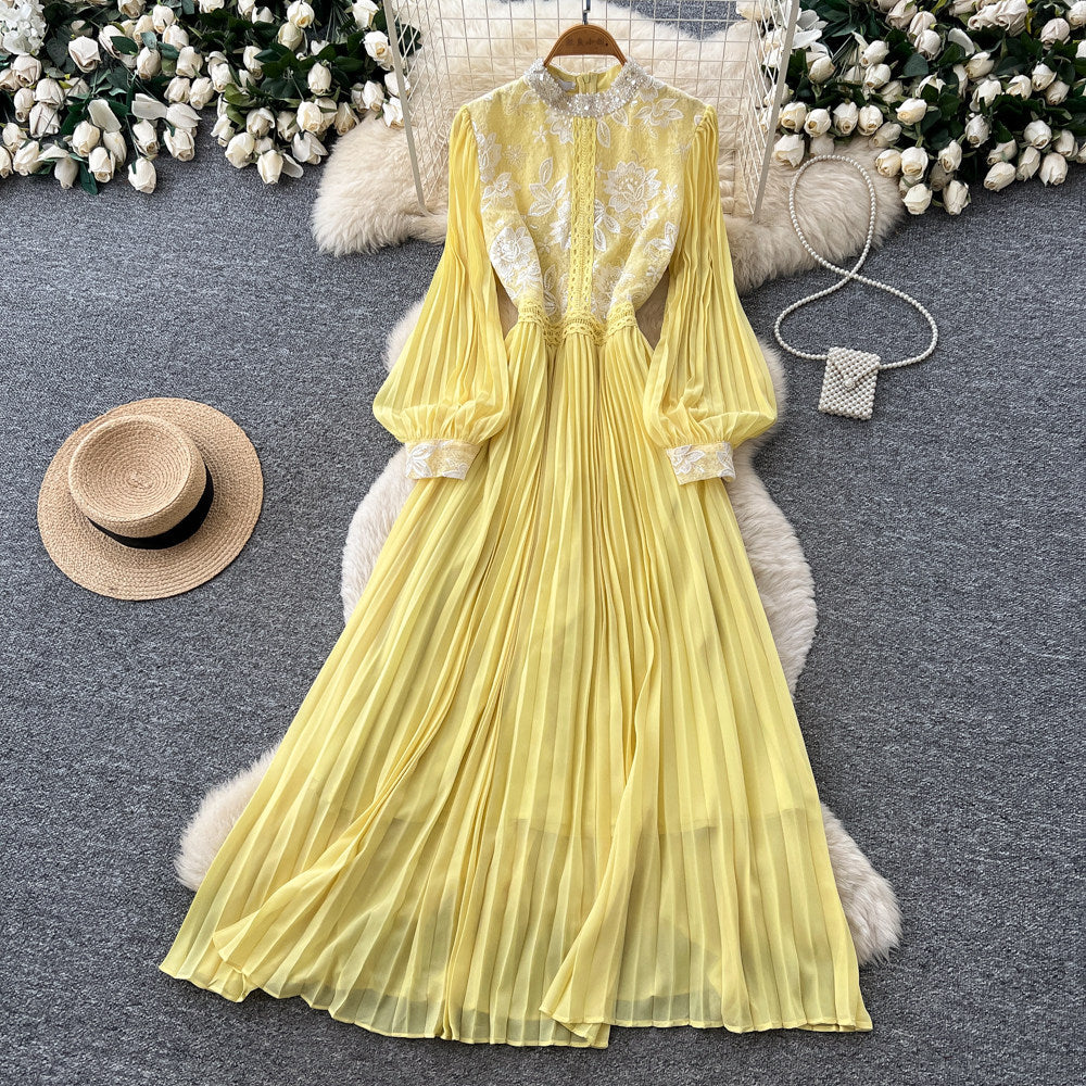 Lady style lantern sleeve sequinlacedress women's summer white stand collar waist pleated long skirt classy sense dress