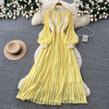 Lady style lantern sleeve sequinlacedress women's summer white stand collar waist pleated long skirt classy sense dress