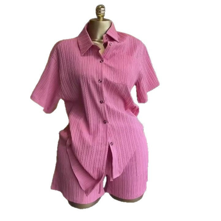 European and american cross-border women's fashion  summer new arrival: elegant sweet loose pink short-sleeve shirt and high-waisted shorts set