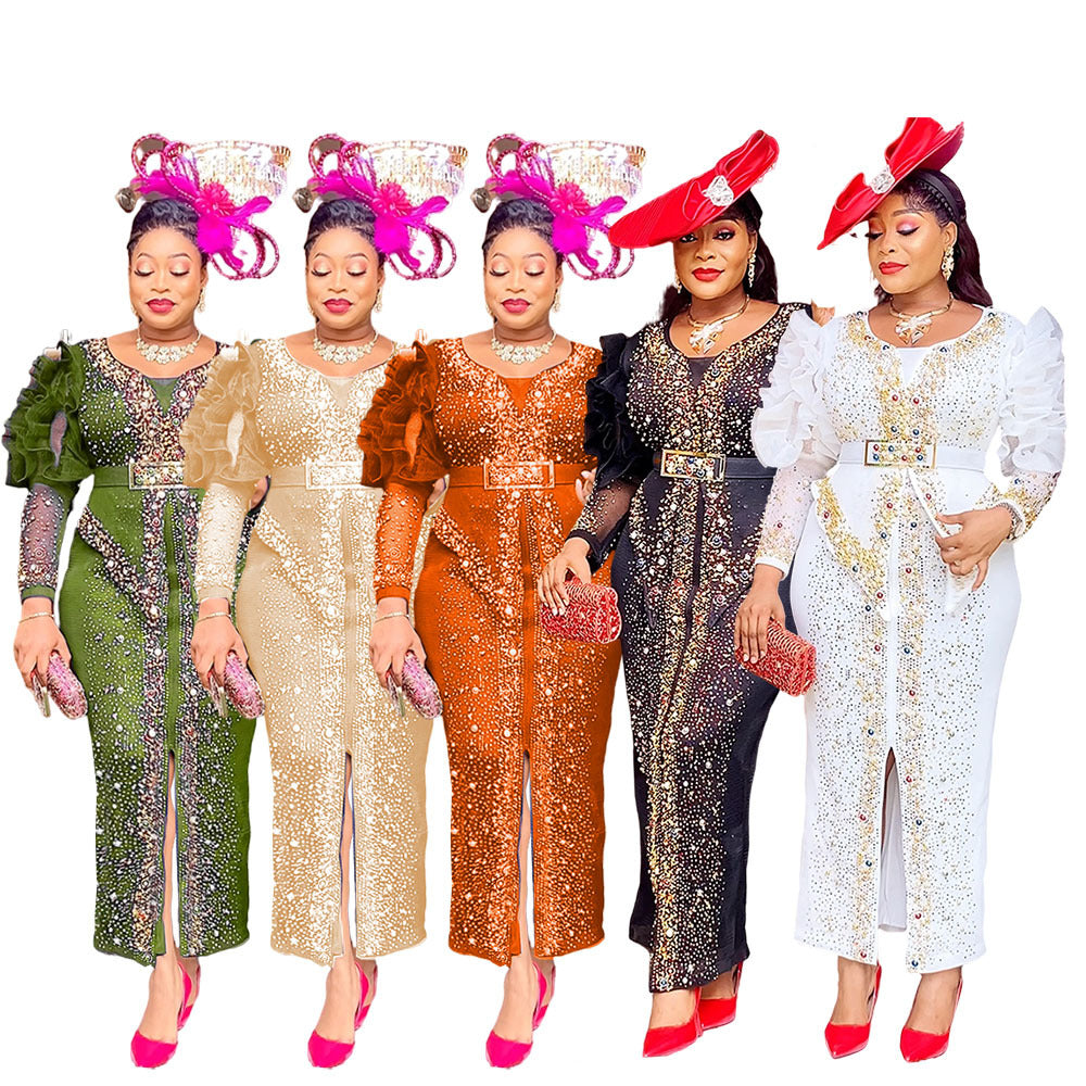 export african european long waist hot diamond beading fashionknittingdress long skirt