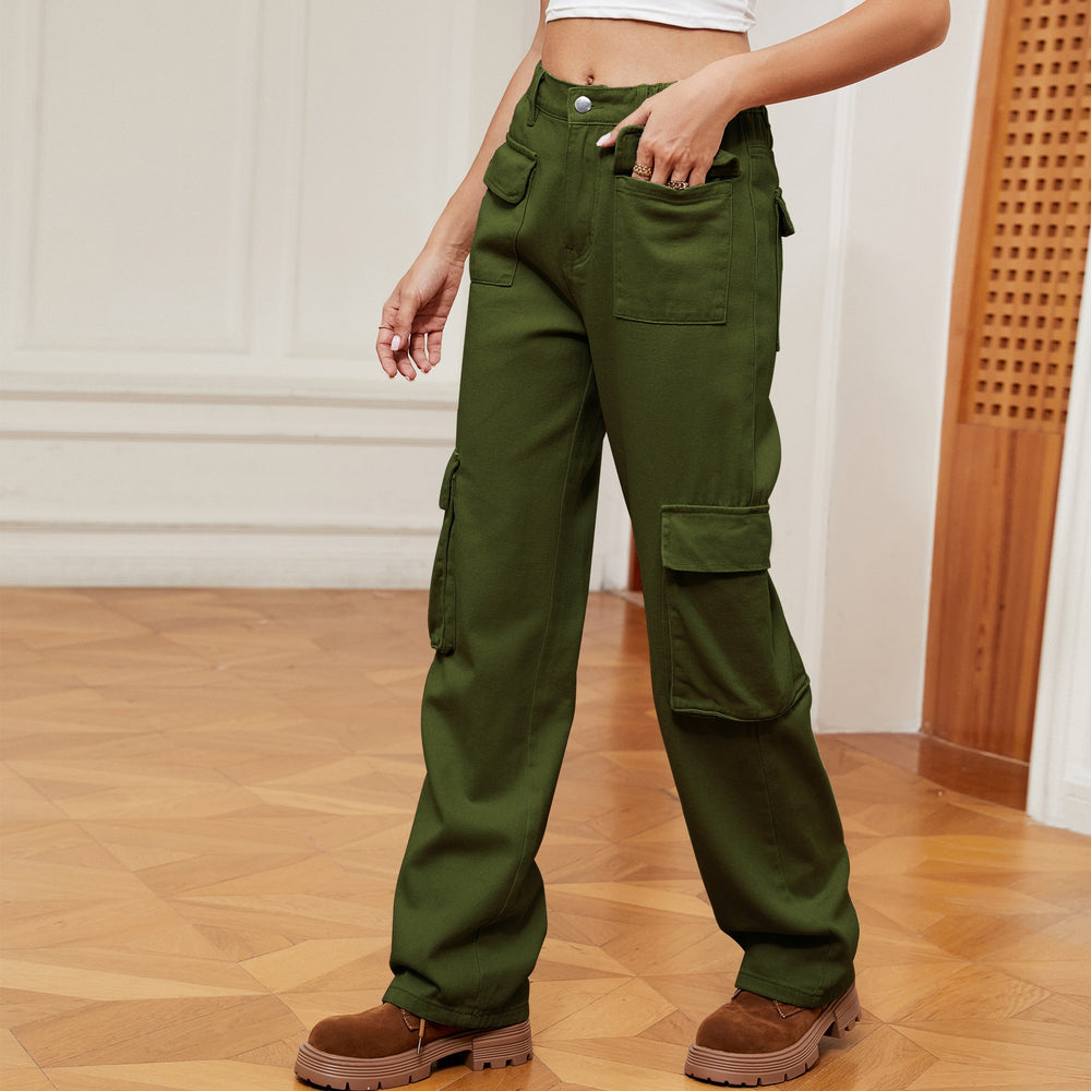 American retro european and american cross-border  new washed semi-elastic multi-pocket denim workwear casual pants for women