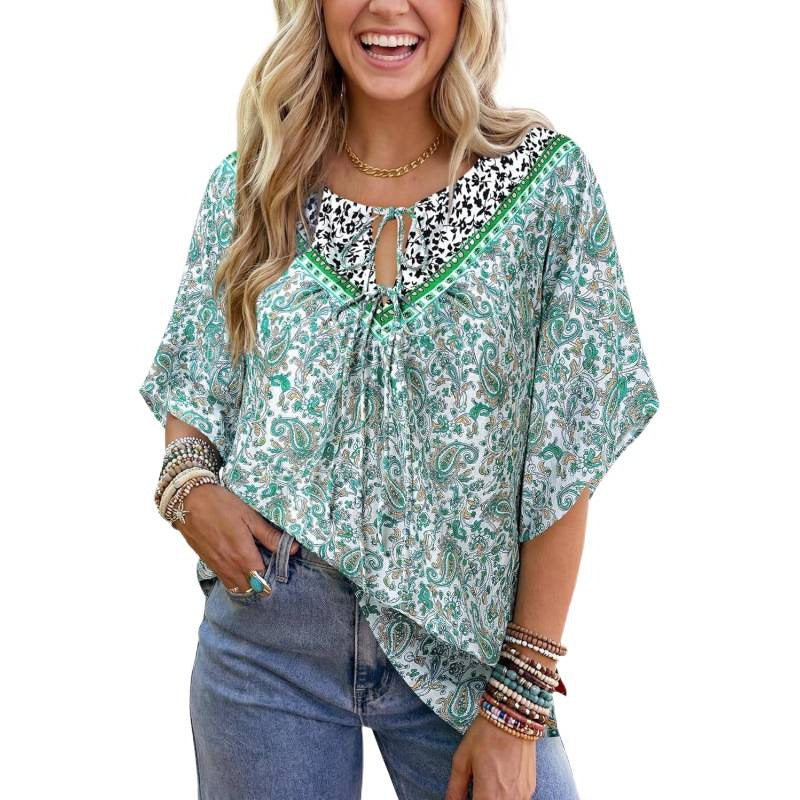 Amazon fashioncasualfloralsv neck short-sleeved shirt for women summernew arrivalbohemiatops