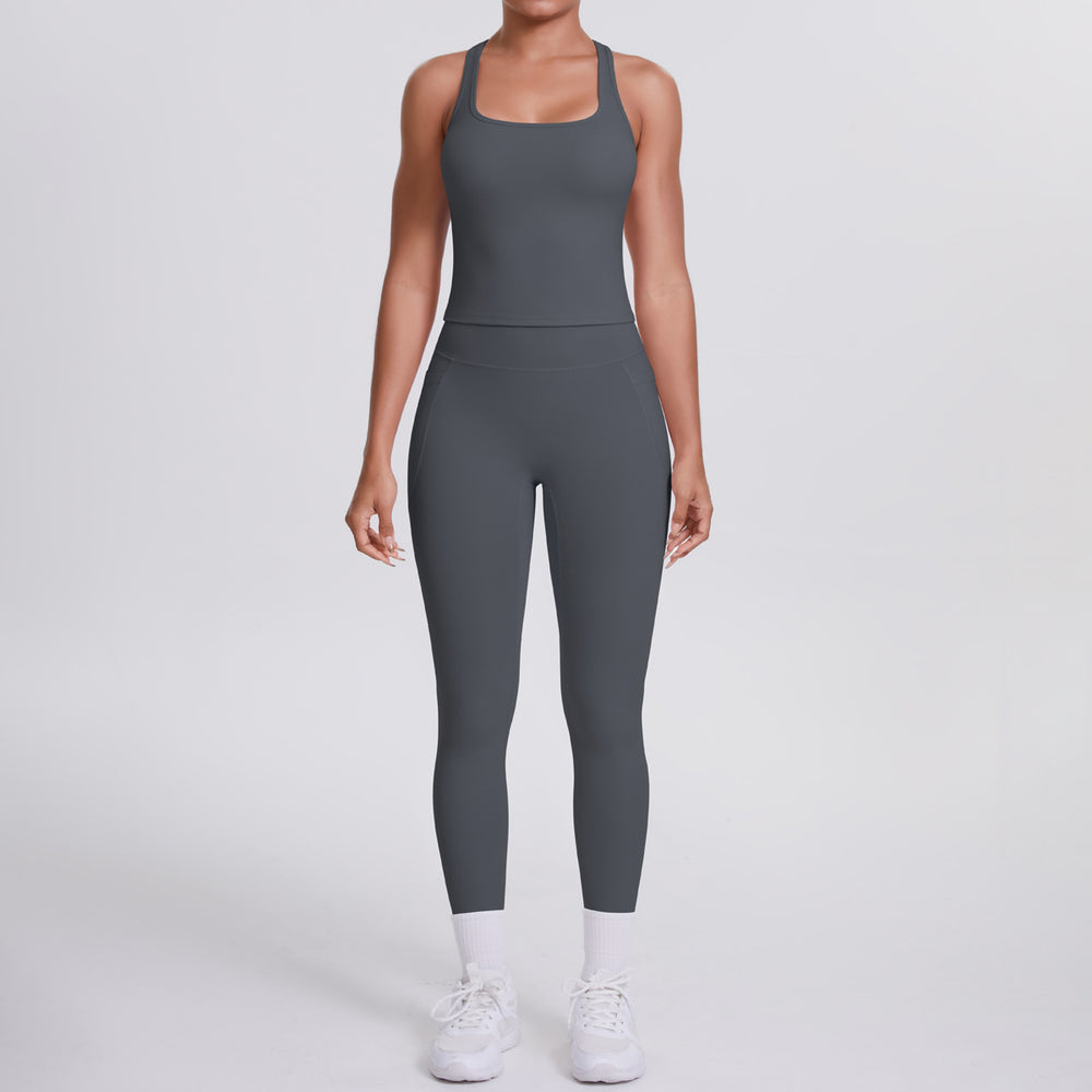 Naked-feel, form-fitting yoga set featuring a racerback design, high-waisted leggings with butt-lifting effect, and pockets. perfect for outdoor activities, casual wear, running, and gym workouts