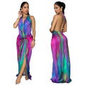 C7459 cross-border   fashion women's sexy printed tie-back open-back slit dress