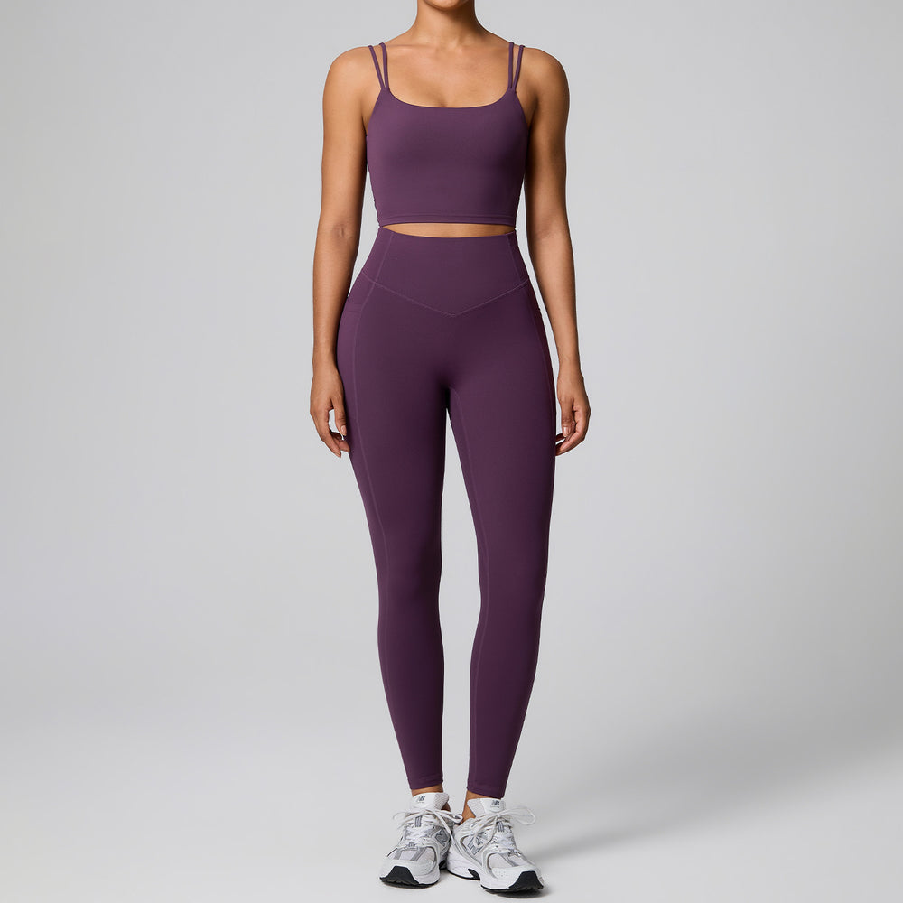 high waistflap pocket pants sportswear two-piece set women's high elastic shaping quick-drying fitness clothes running yoga clothes suit
