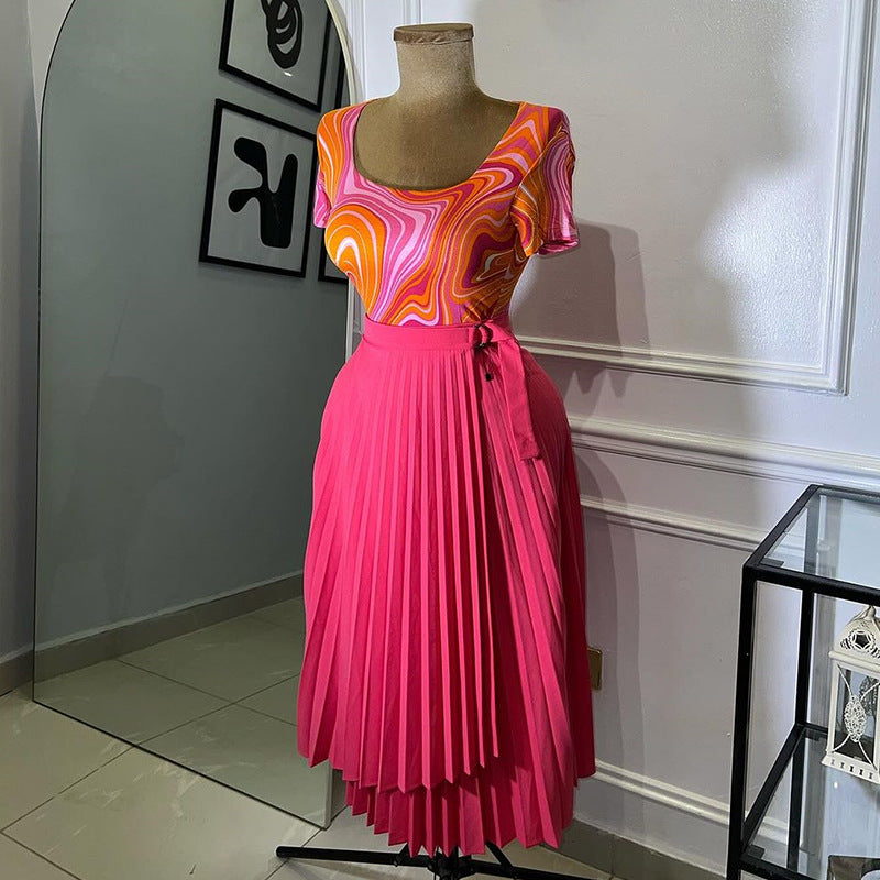 European and american style women's summer  new arrival: high-waisted, slimming, tie-waist, asymmetrical midi a-line skirt