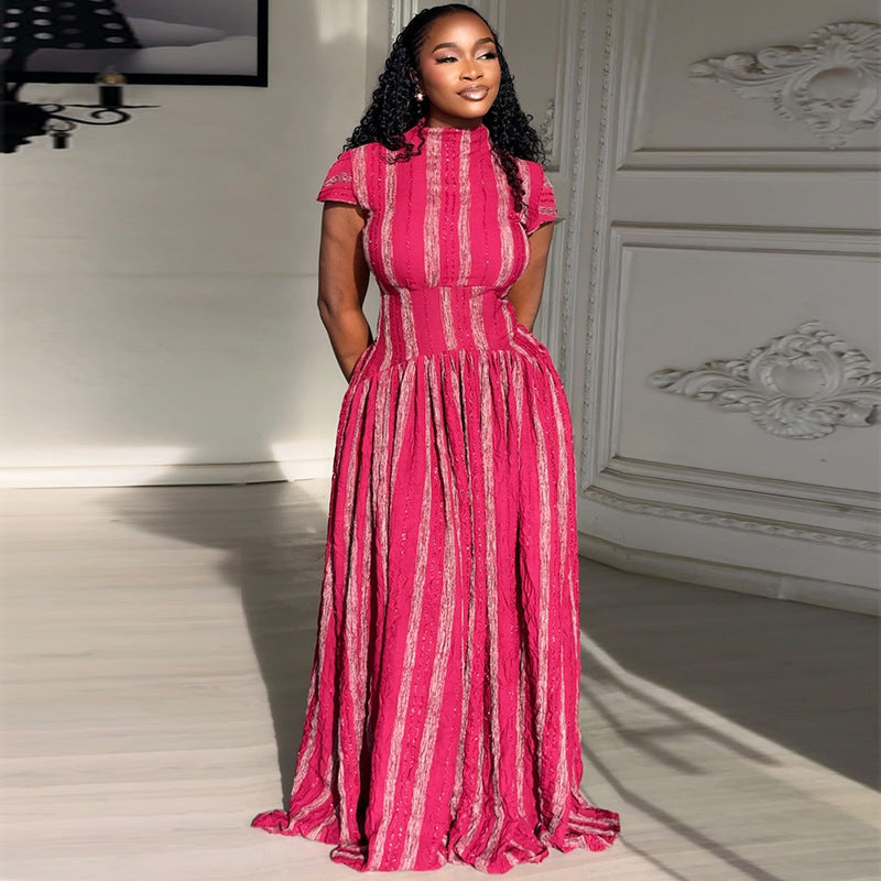 European and American  women's clothing 2025 autumn new fashionable fresh semi-turtleneck waist striped pleated dress dress