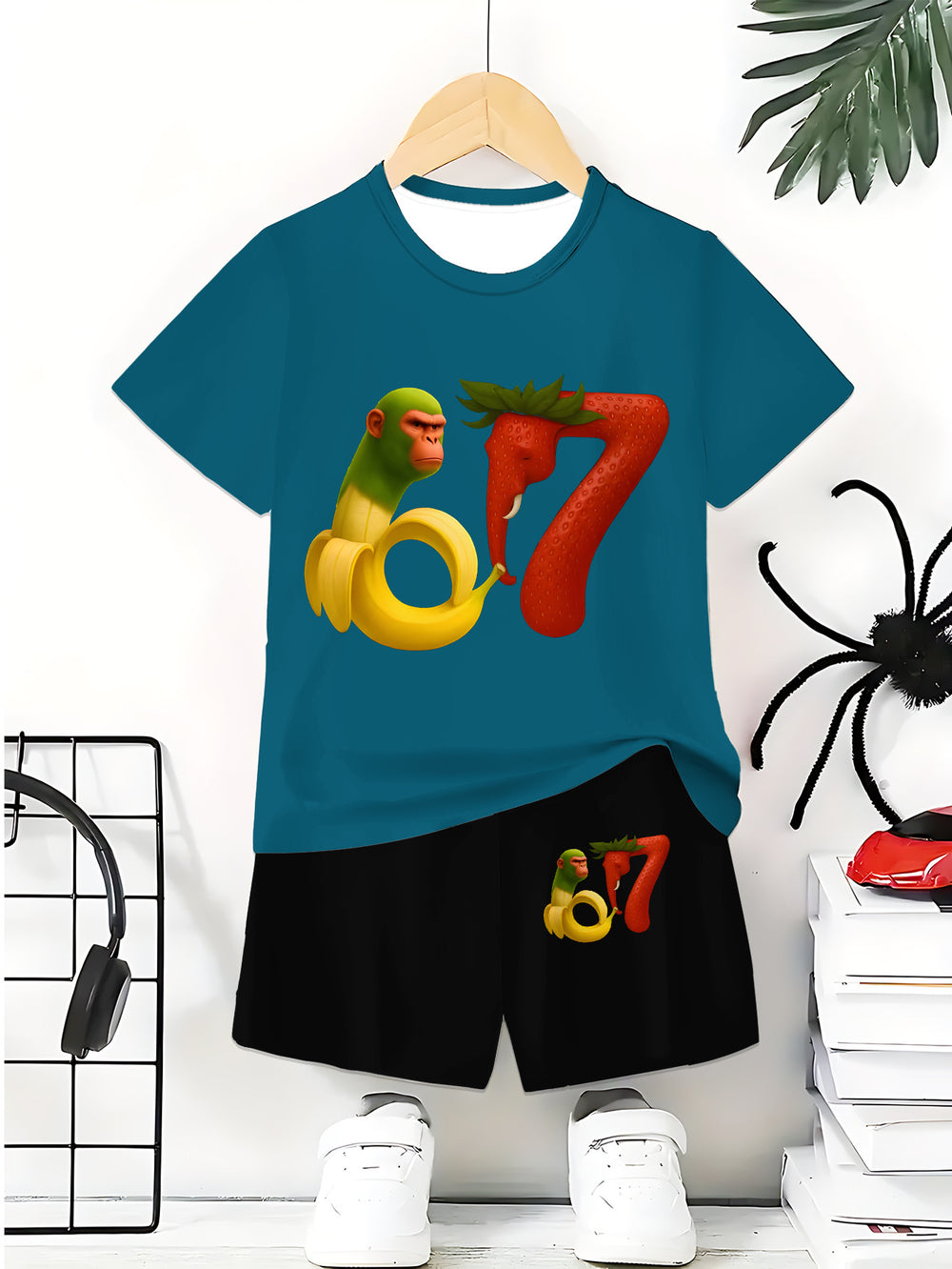 "stylish digital 67 print," perfect for summer wear, boys' outdoor sports t-shirt set