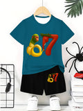 "stylish digital 67 print," perfect for summer wear, boys' outdoor sports t-shirt set