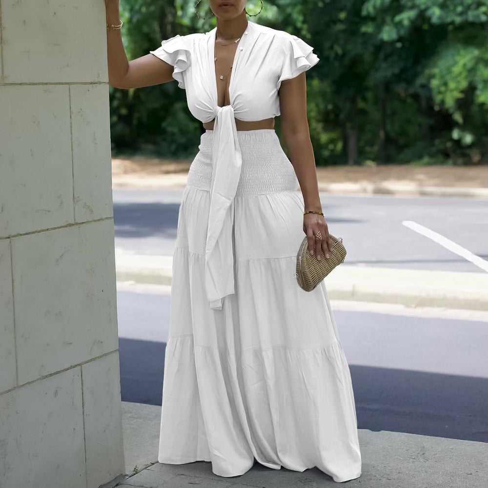 C8586   new short-sleeve tie-up top and wide-leg pants plus size two-piece set - cross-border e-commerce outfit