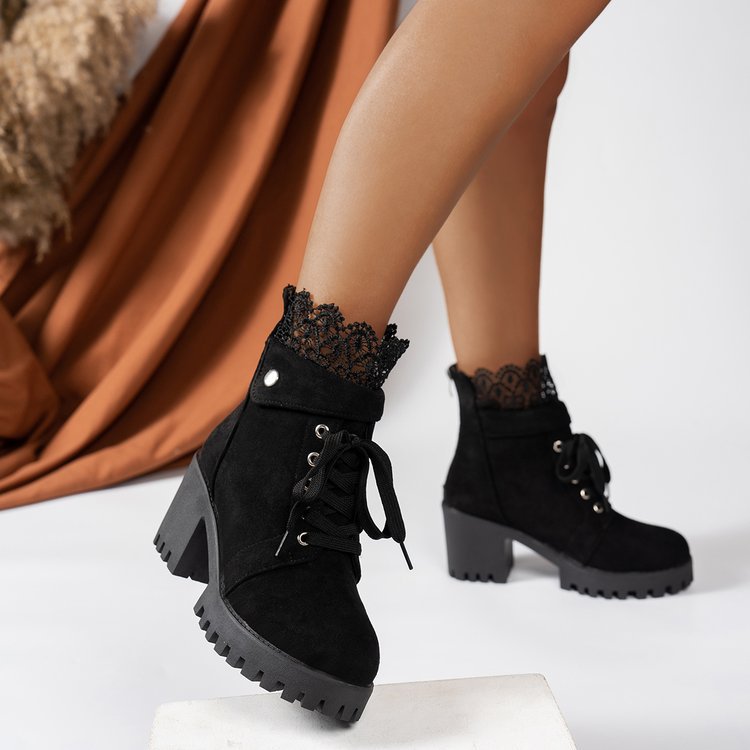 autumn/winter short boots - plus size, high heel, chunky heel, round toe, lace trim, lace-up, back zipper, platform, ethnic style