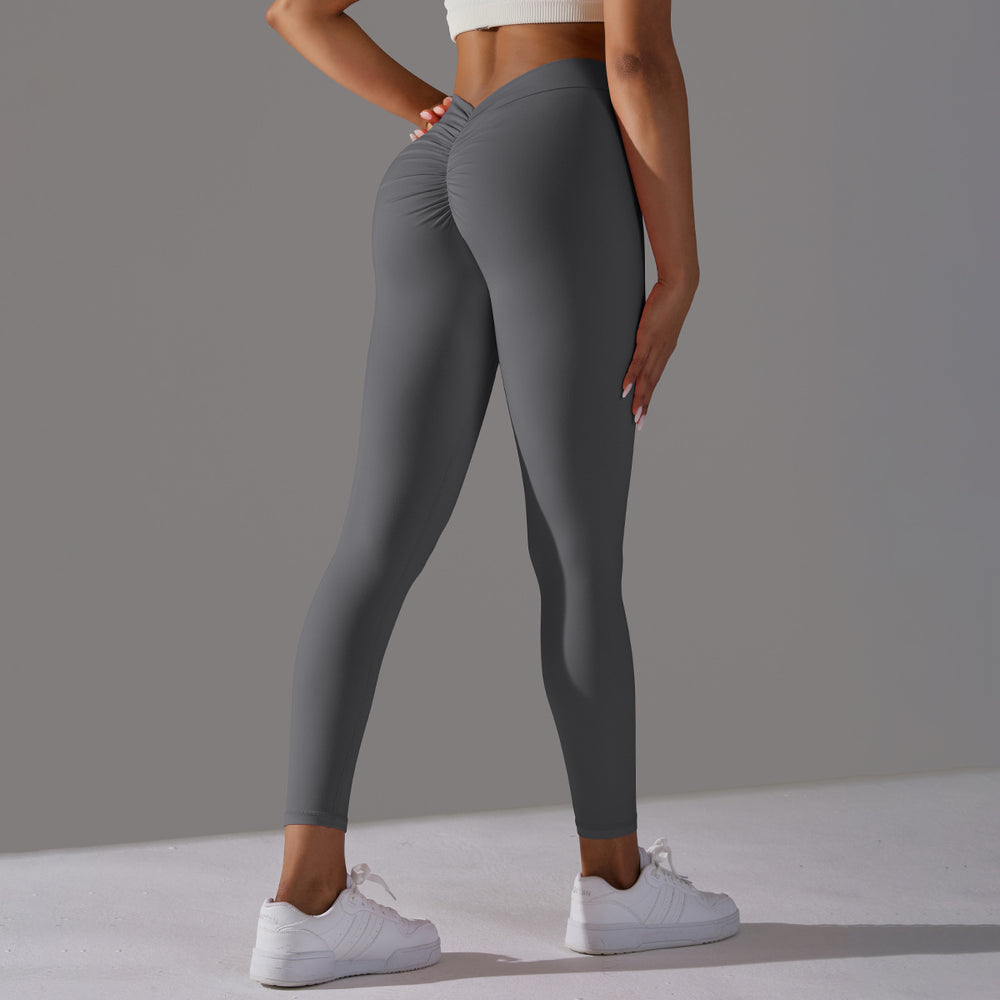 fashion brushed v-waist pleated pure color peach butt yoga pants sports running fitness tight nine-point pants