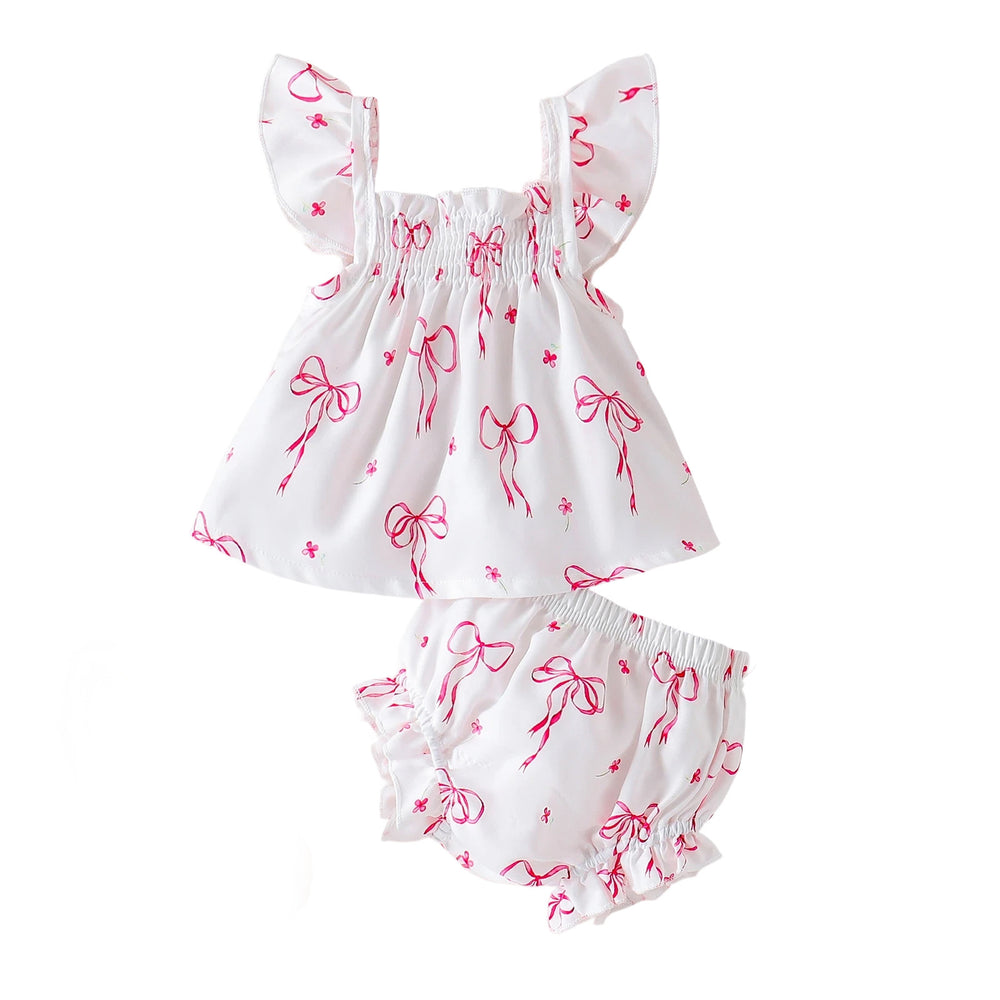 European and american summer new arrival: baby girl flutter sleeve bow print loose-fit children's pajama set - comfortable and cool