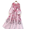 French chic dress - new  collection: high-end, figure-flattering, round neck, lantern sleeve, placement print, pleated maxi dress