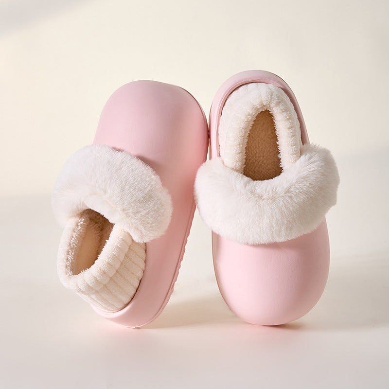 Waterproof, removable, and washable cotton slippers - winter anti-slip, warm, fleece-lined, thick-soled slippers for home wear, women's bread-shaped slippers, postpartum shoes