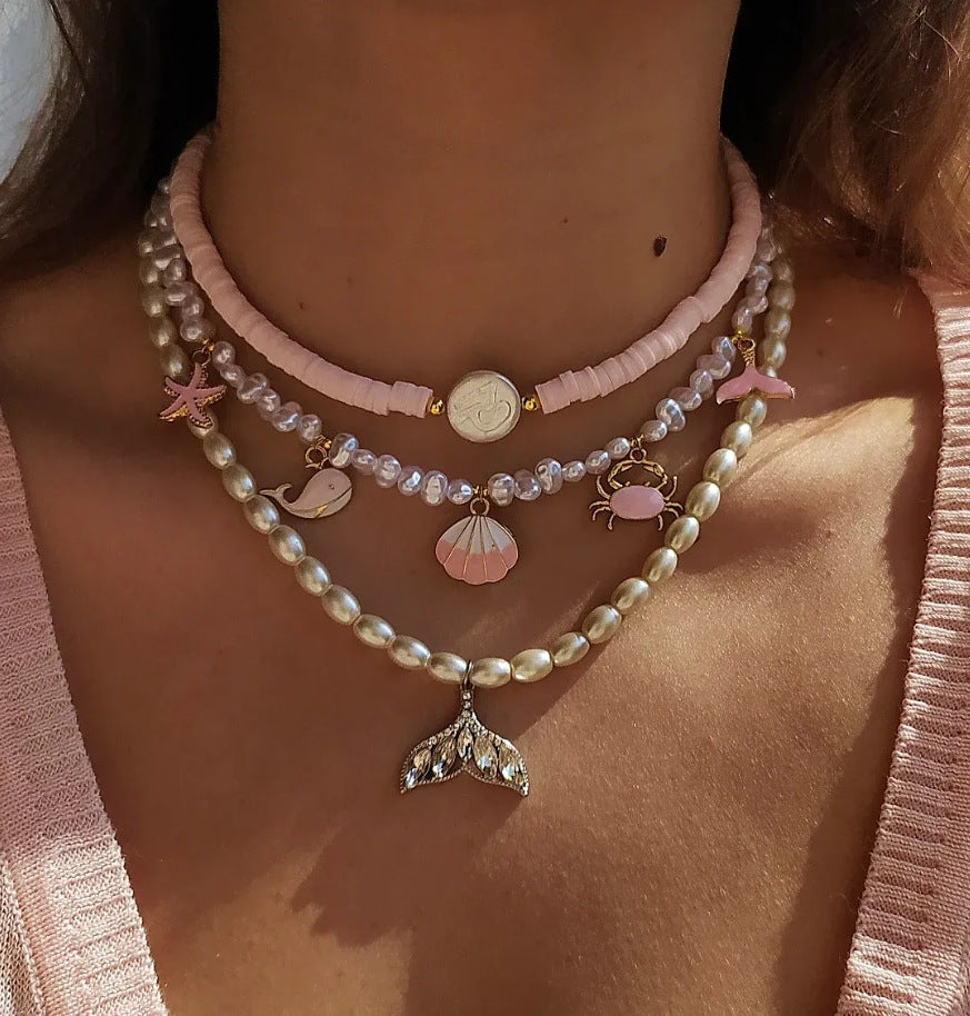 European and american cross-border beach style polymer clay faux pearl layered necklace - irregular design seashell starfish jewelry necklace for women