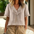 Plus size bohemian style blouse - textured linen fabric, double-layered ruffle v-neck, lace-trimmed short sleeves, relaxed fit