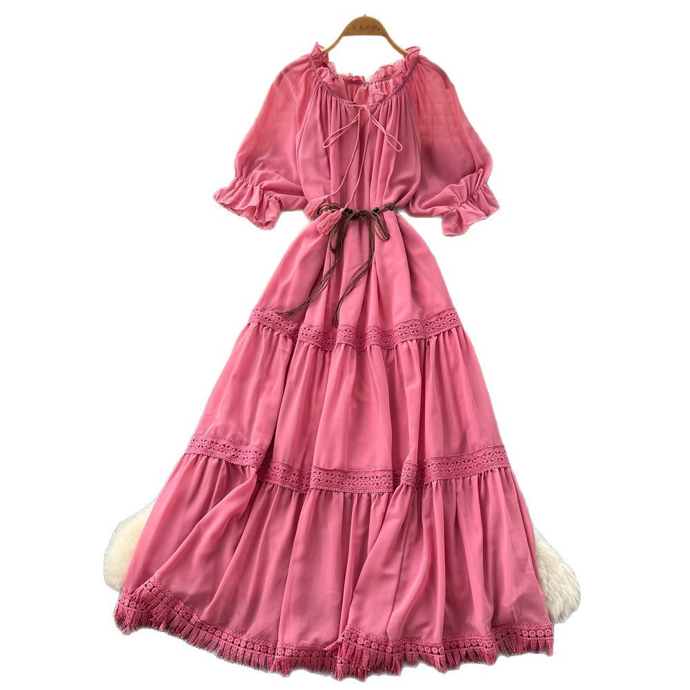 French red puff sleeve commuter short-sleeve dress - women's summer slimming a-line tassel cake dress