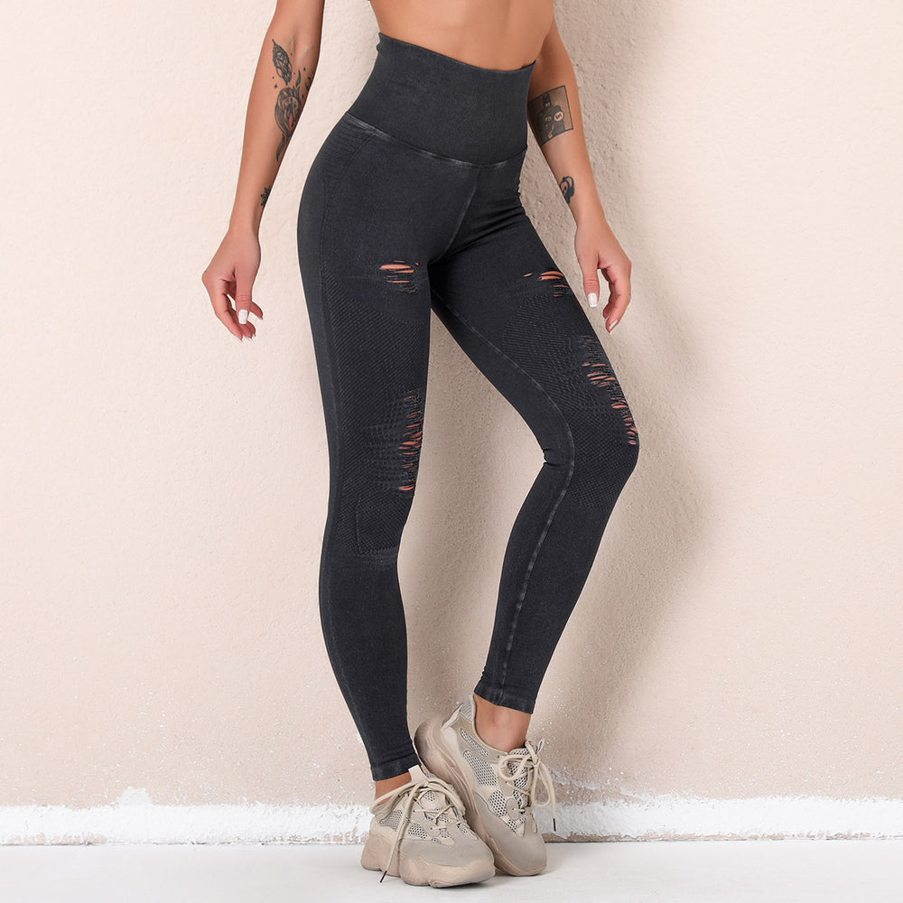 Fashion cross-border new arrival washed yoga pants with holes cut out seamless high waist sports nine-point pants butt lift fitness pants for women