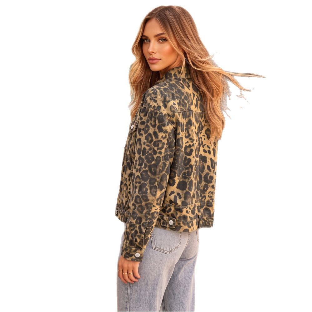 European and american cross-border e-commerce  polo collar long sleeve metal single-breasted leopard print casual washed denim jacket