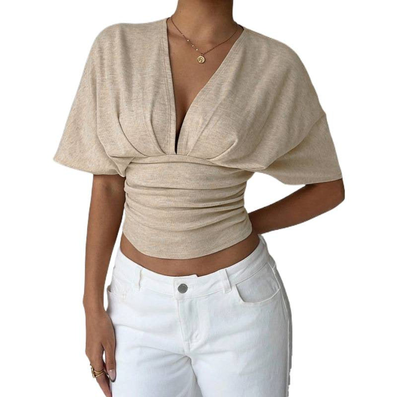Women's light grey v-neck knotted short sleeve cropped t-shirt, ladies' summer casual wear