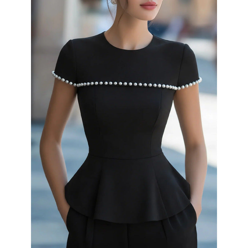 european and american style women's summer new arrival: round neck beaded short sleeve top