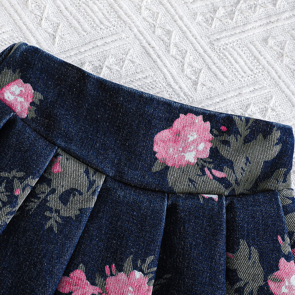 girls' summer denim outfit: sweet floral print cami top + pleated mini skirt