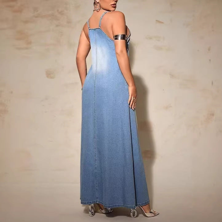 Amazon  asia cross-border fashion new arrivalplus size women's clothing new arrival denim suspender longdress