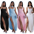 C7659 cross-border   fashion women's sexy solid color slit ribbon dress set