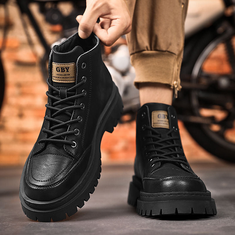 Men's martin boots: spring leather waterproof mid-cut athletic shoes, retro british style outdoor hiking work boots