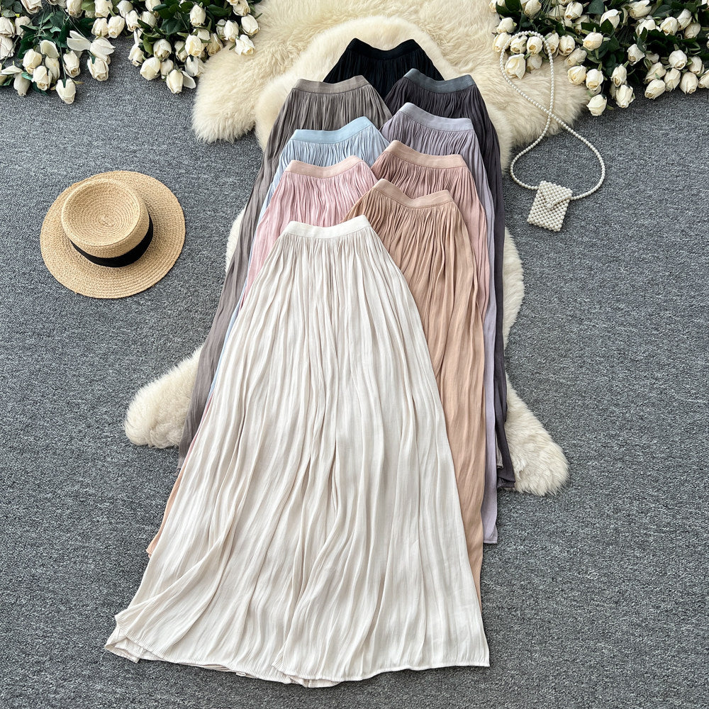 K-style high waist pleated elastic waist skirt women's summera-shaped pleated large hem work clothingelegant long skirt multi-color
