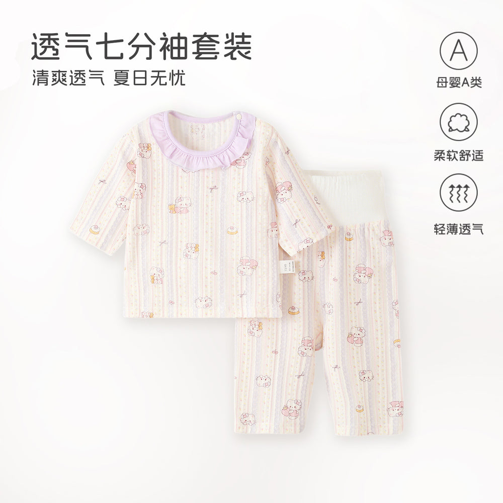 Baby pajamas pure cotton thin kids home clothes summer boys and girls three-quarter sleeves air-conditioning clothes high waistseparatessuit