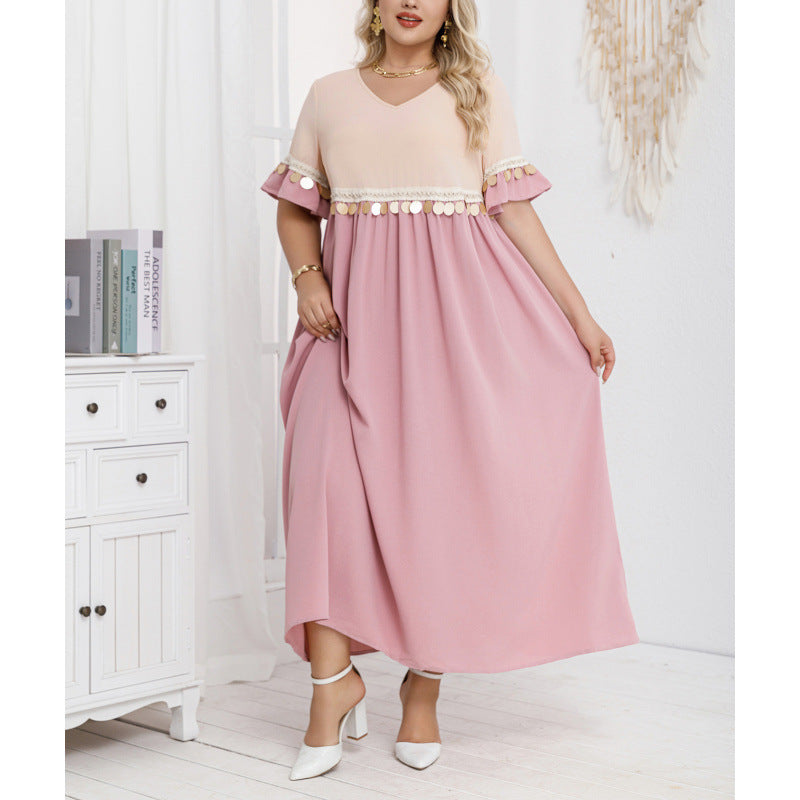 plus size cross-border new arrival  women's original elegant v-neck patchwork minimalist dress + lace trim