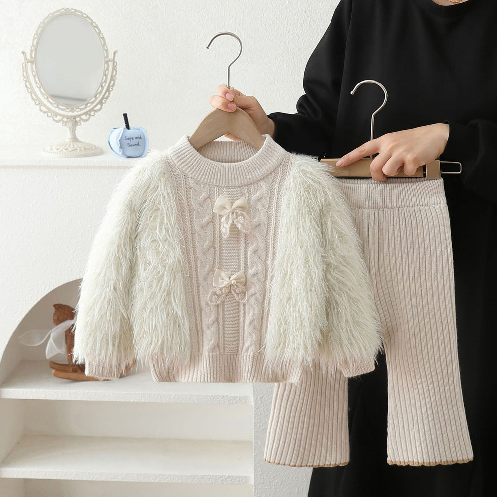Girls' sweater set - new autumn/winter style, korean-inspired, solid color, fuzzy bow knit pullover two-piece outfit