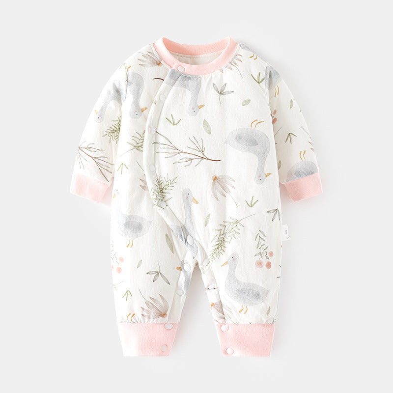 Babibele cotton jumpsuit for infants and young children 120g quilted fall and winter boneless khaki thin cotton thickened partial placket romper