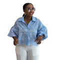 European and american cross-border women's fashion:  summer new arrival - stylish turn-down collar, hollow-out detail, loose fit, bubble sleeve design shirt top