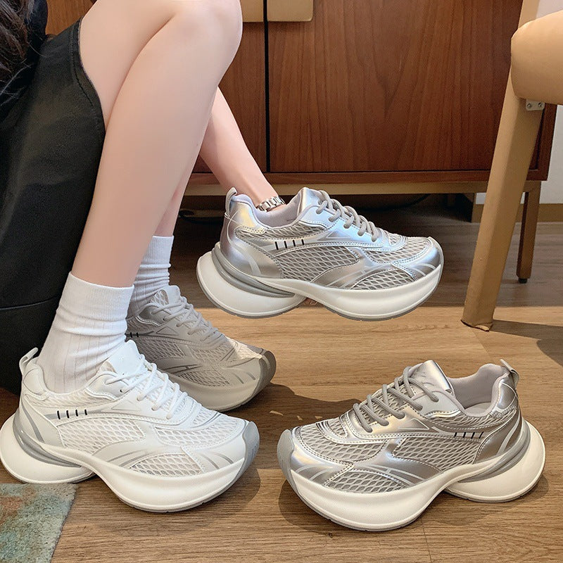 European chunky platform silver dad shoes 2025 new fashion versatile summer mesh breathable women's athletic trendy sneakers